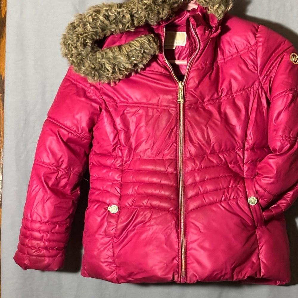 Michael Kors Fuchsia Puffer Jacket with Faux Fur Trim